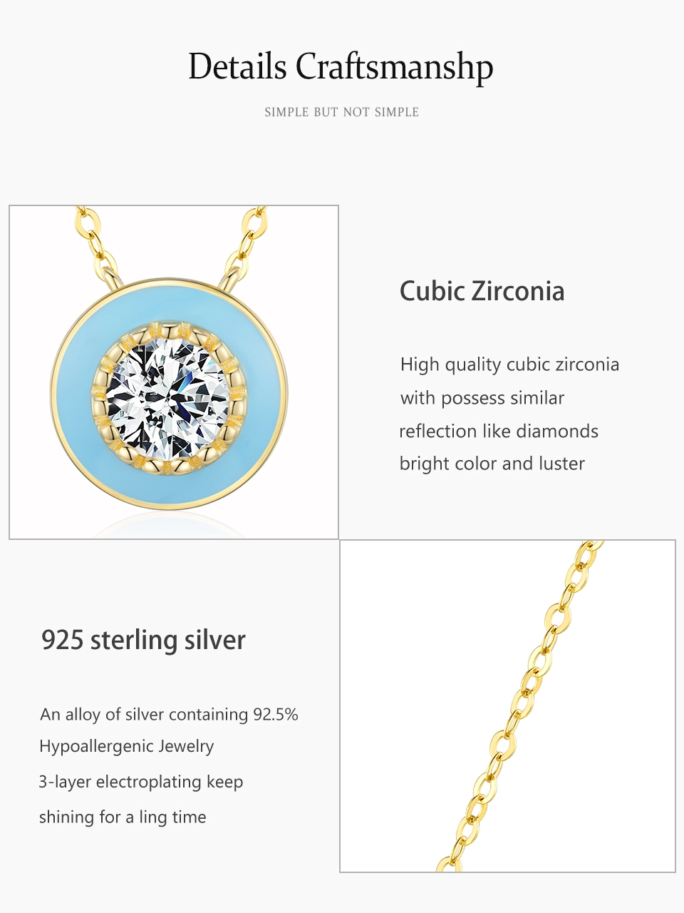 Round Blue Enamel Pendant Zirconia Necklace Gold Plated