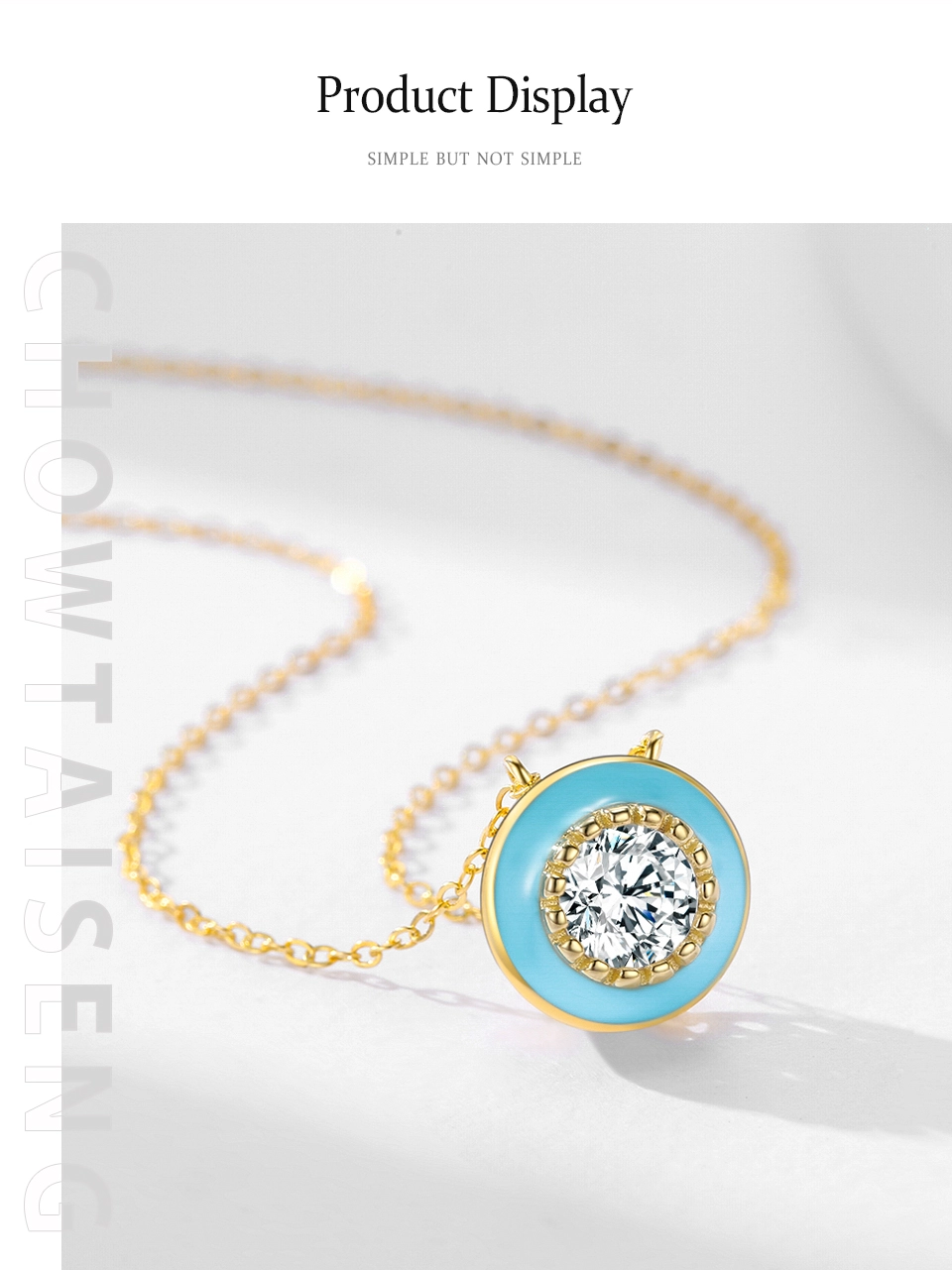 Round Blue Enamel Pendant Zirconia Necklace Gold Plated