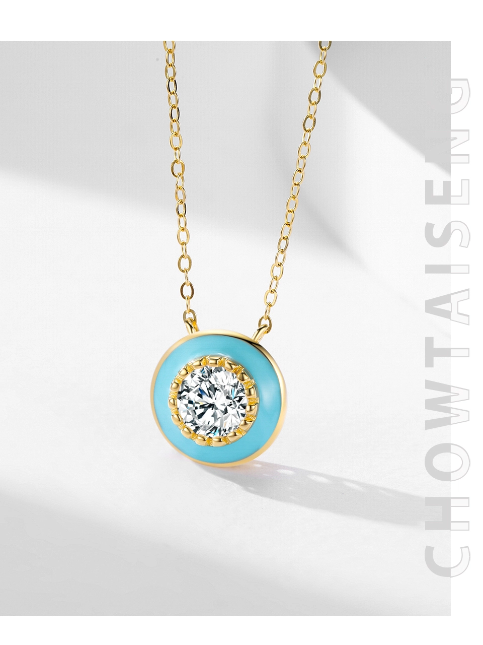 Round Blue Enamel Pendant Zirconia Necklace Gold Plated