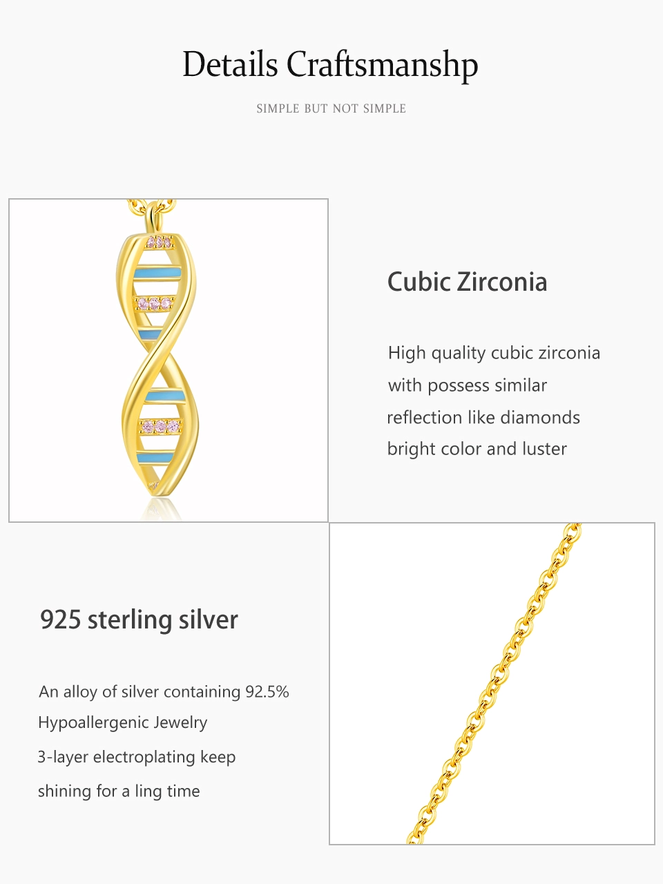 DNA CZ Spiral Design Enamel Pendant Necklace Gold Plating