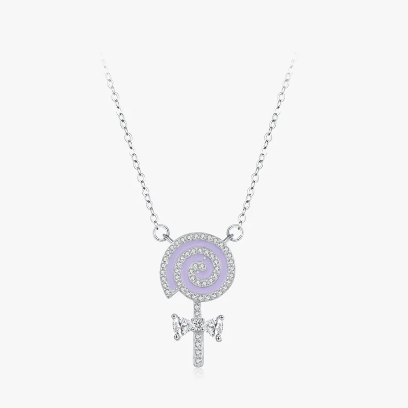 Purple Enamel Lollipop CZ Pendant Necklace Sterling Silver