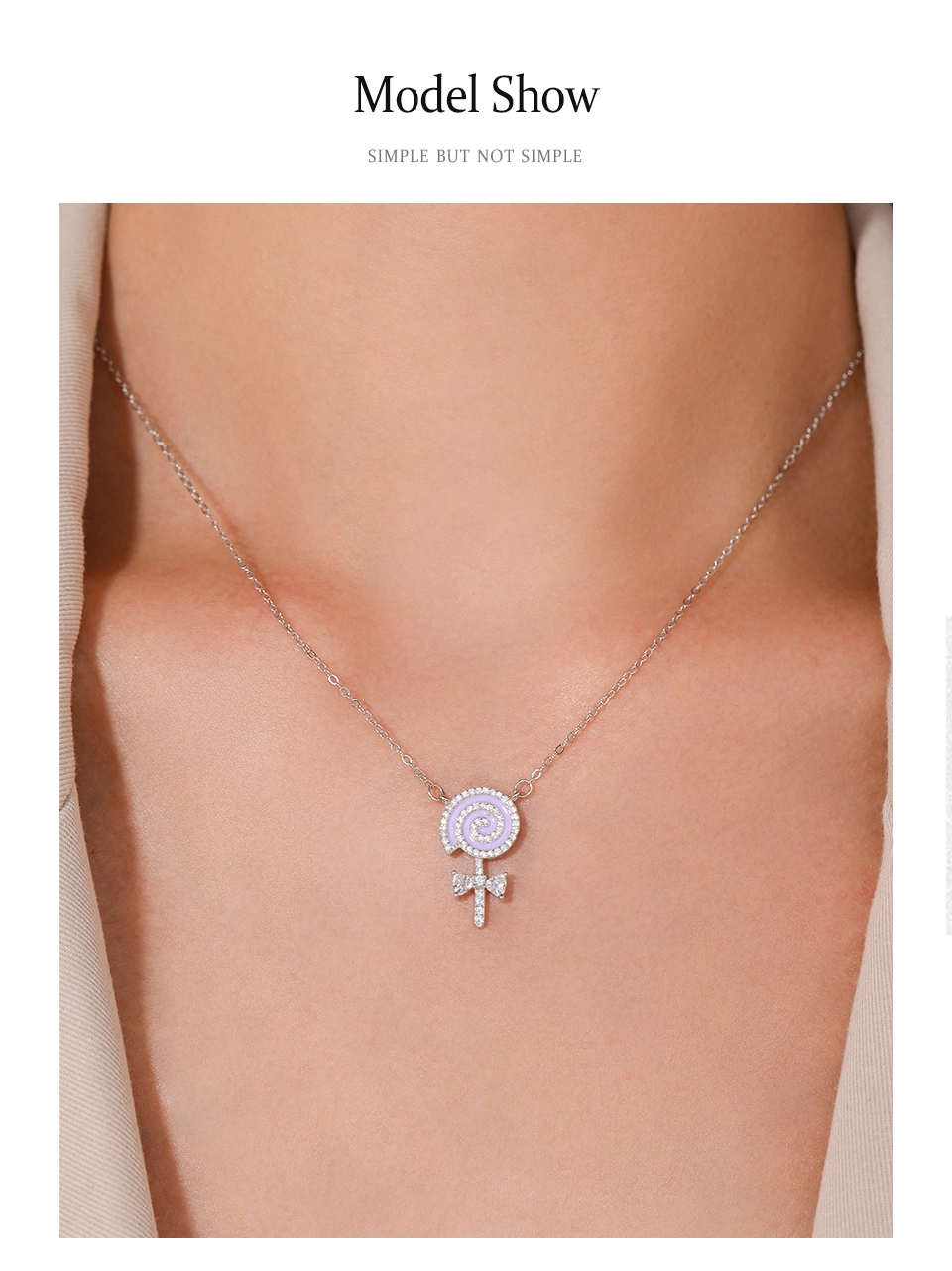 Purple Enamel Lollipop CZ Pendant Necklace Sterling Silver