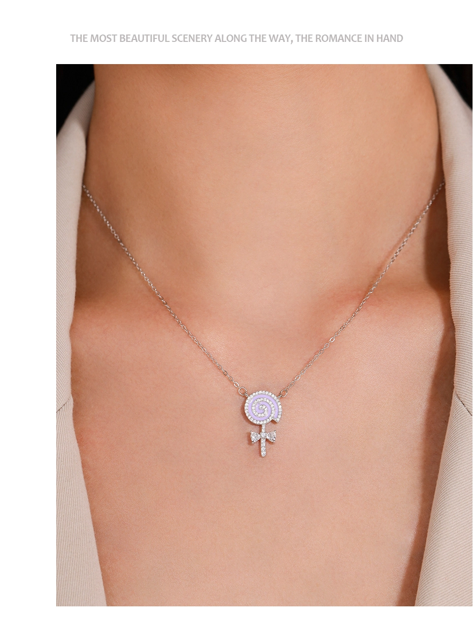 Purple Enamel Lollipop CZ Pendant Necklace Sterling Silver