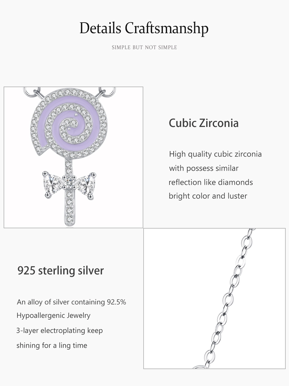 Purple Enamel Lollipop CZ Pendant Necklace Sterling Silver