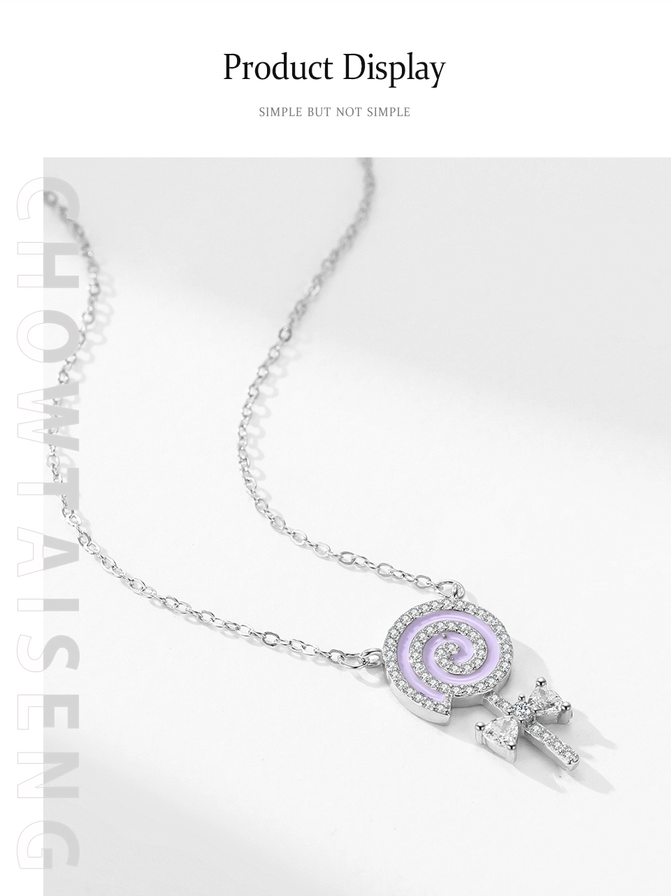 Purple Enamel Lollipop CZ Pendant Necklace Sterling Silver