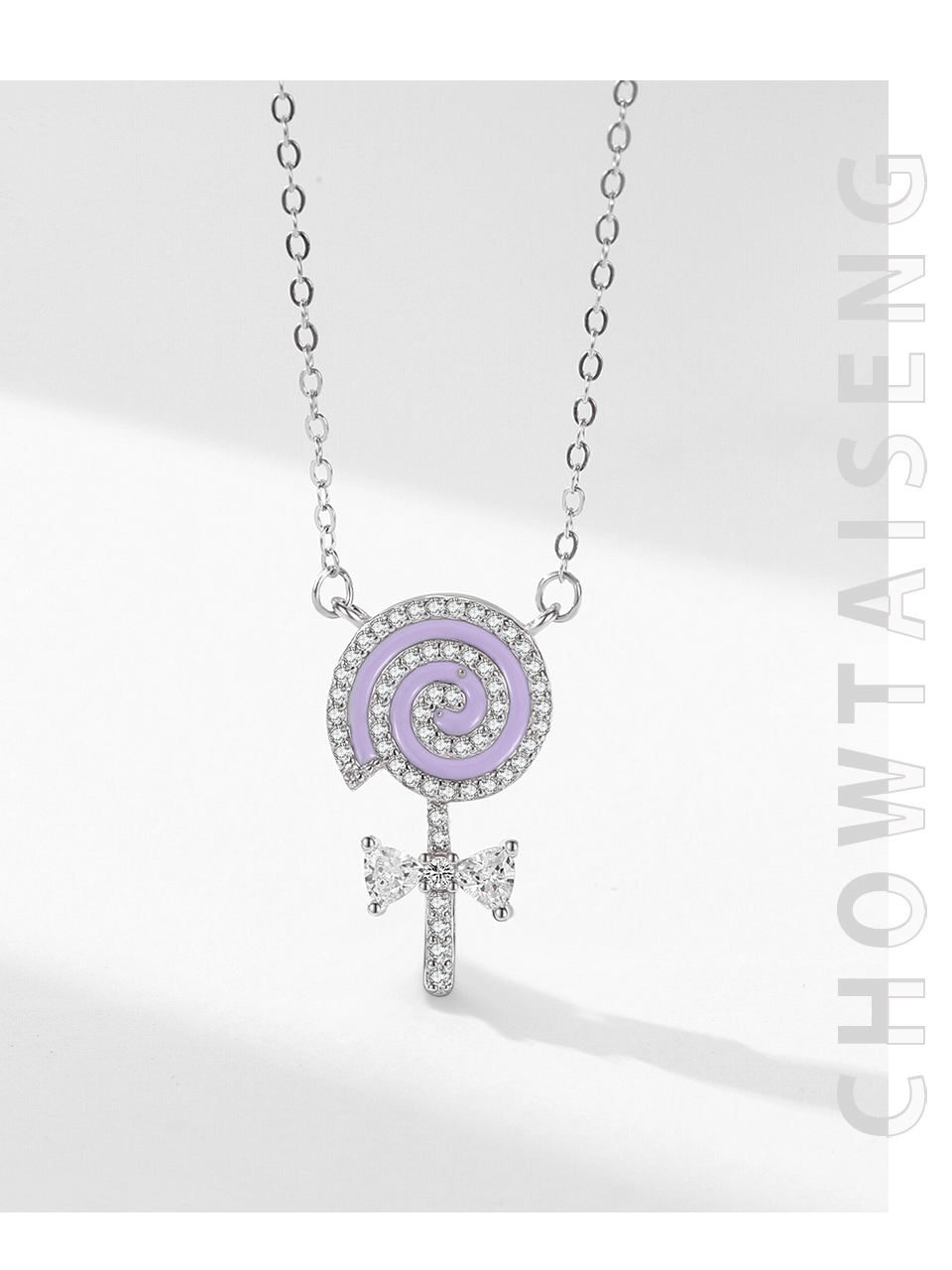 Purple Enamel Lollipop CZ Pendant Necklace Sterling Silver