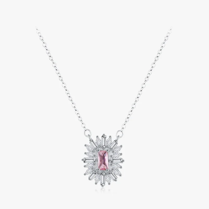 Pink Square Zircon Pendant Necklace Sterling Silver