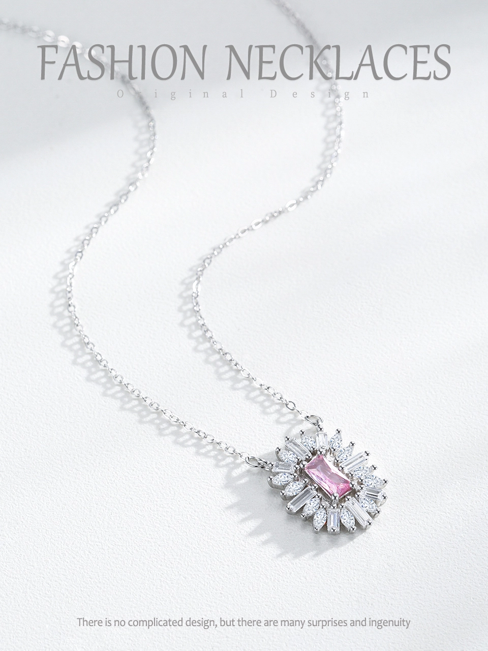 Pink Square Zircon Pendant Necklace Sterling Silver