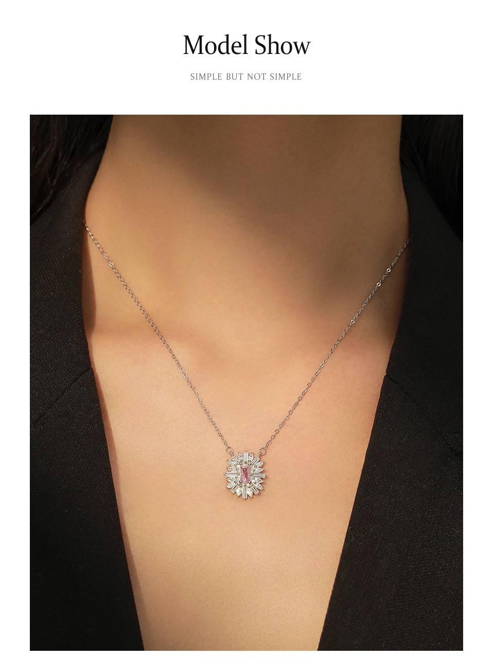 Pink Square Zircon Pendant Necklace Sterling Silver