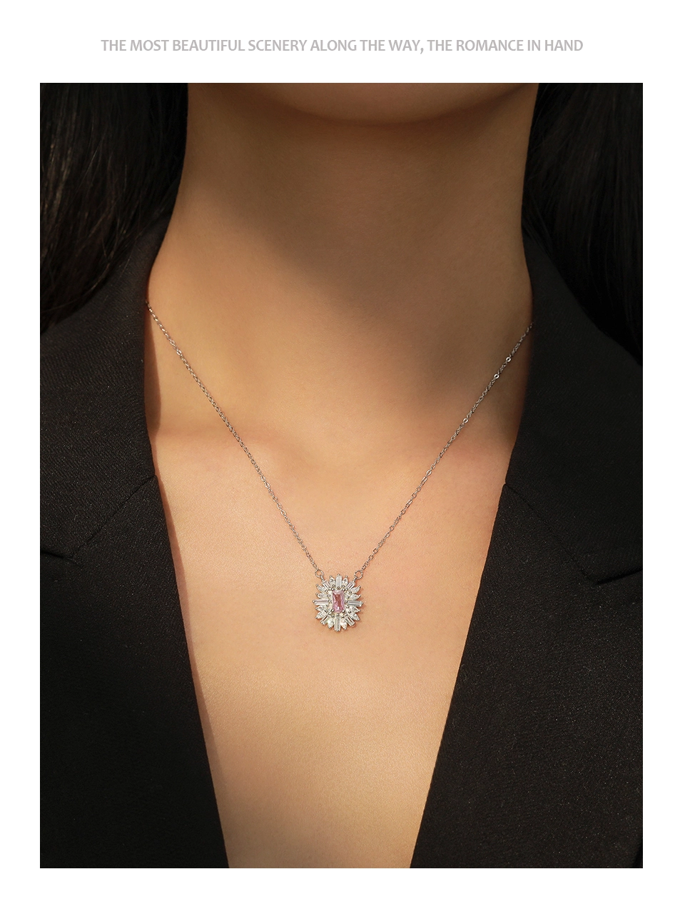 Pink Square Zircon Pendant Necklace Sterling Silver