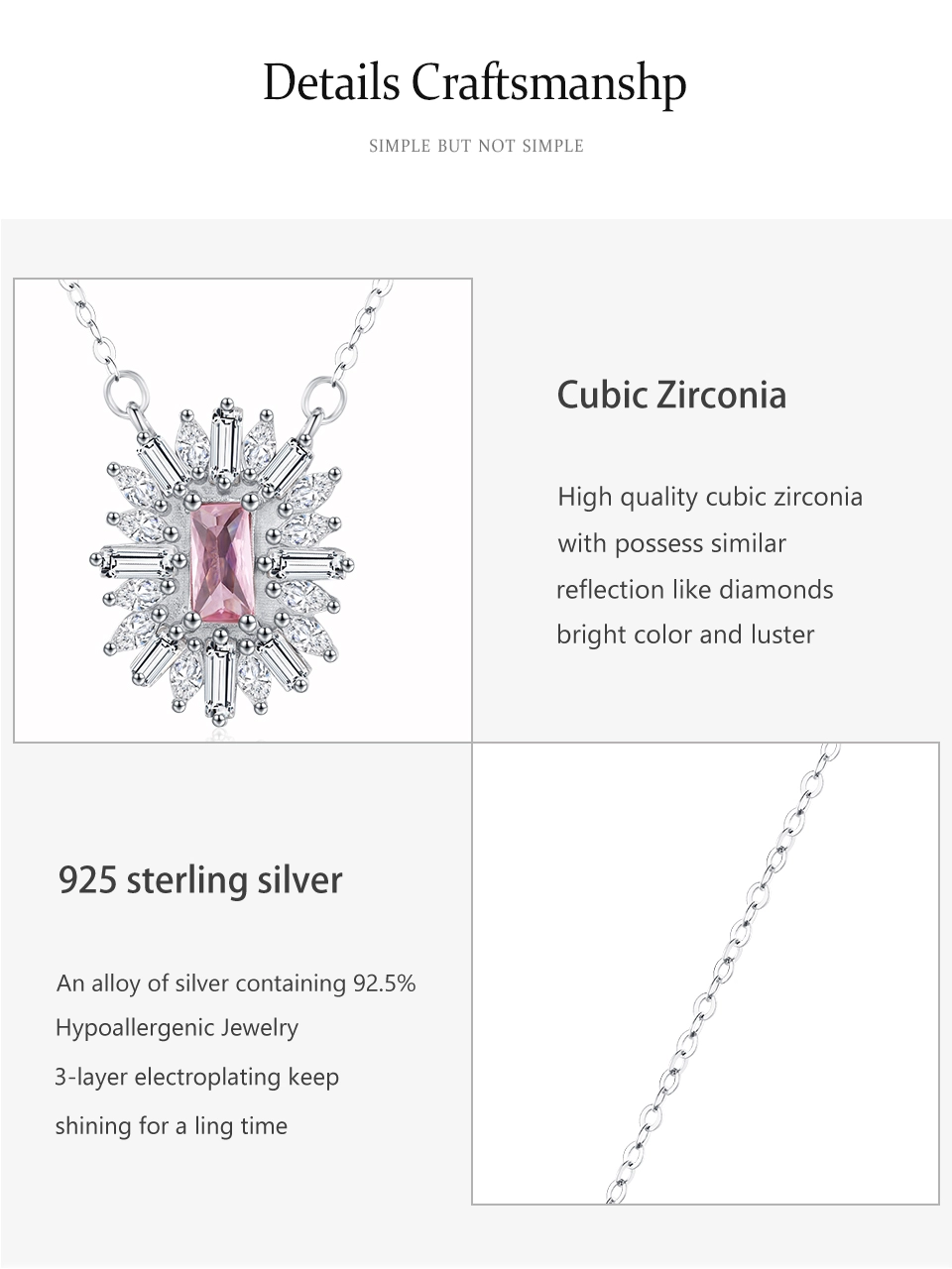 Pink Square Zircon Pendant Necklace Sterling Silver
