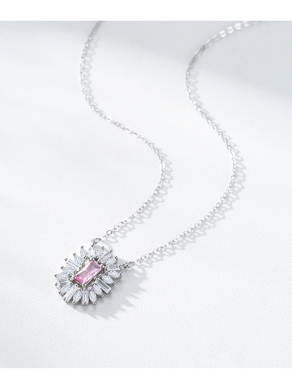 Pink Square Zircon Pendant Necklace Sterling Silver