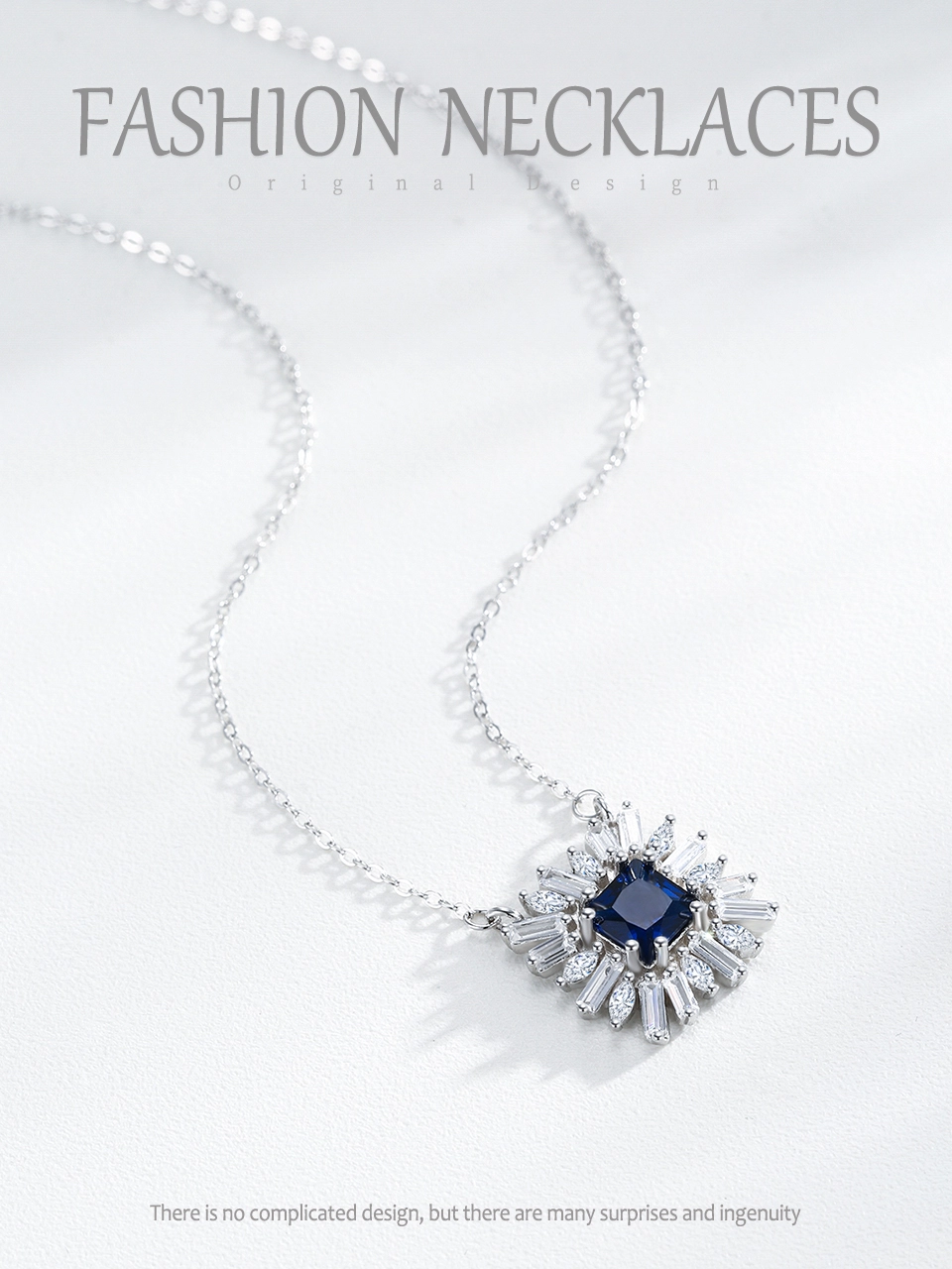 Square Blue Zircon Pendant Necklace Sterling Silver