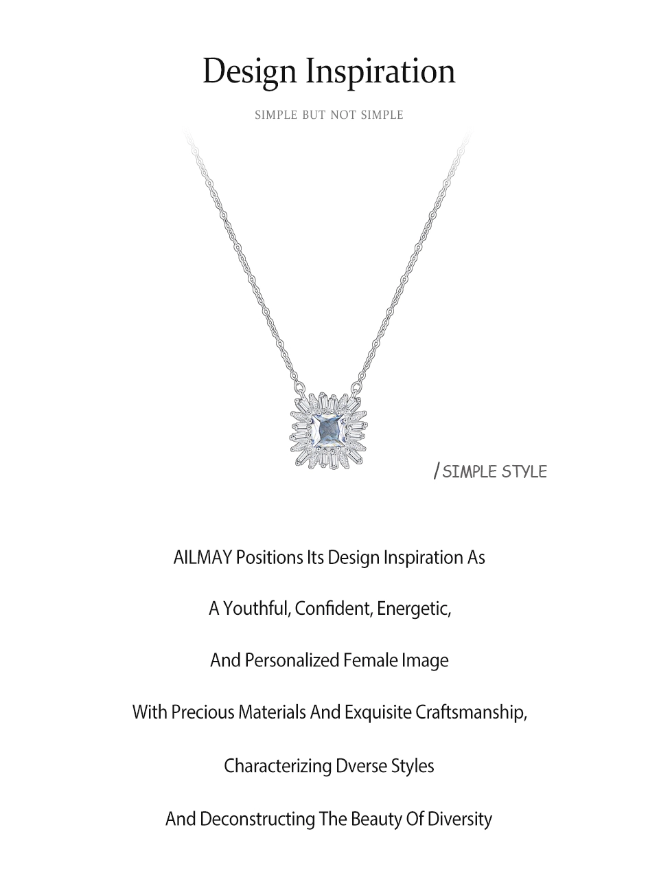 Square Blue Zircon Pendant Necklace Sterling Silver