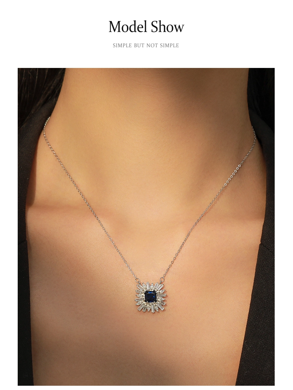Square Blue Zircon Pendant Necklace Sterling Silver