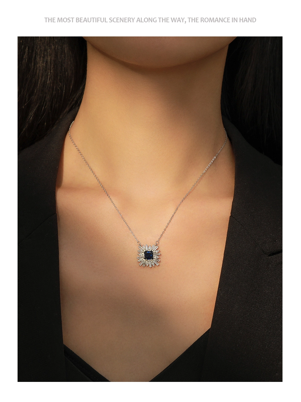 Square Blue Zircon Pendant Necklace Sterling Silver