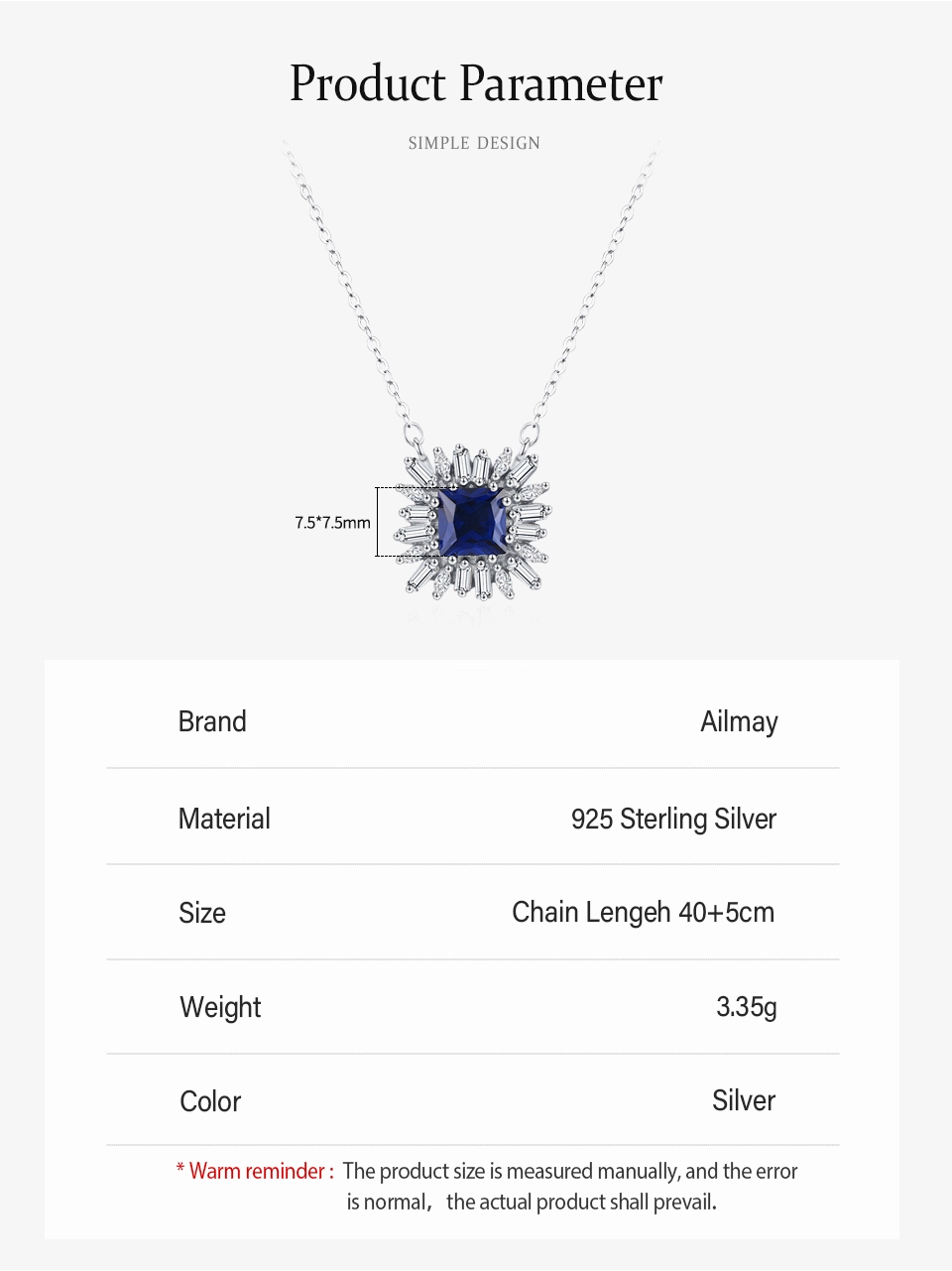Square Blue Zircon Pendant Necklace Sterling Silver