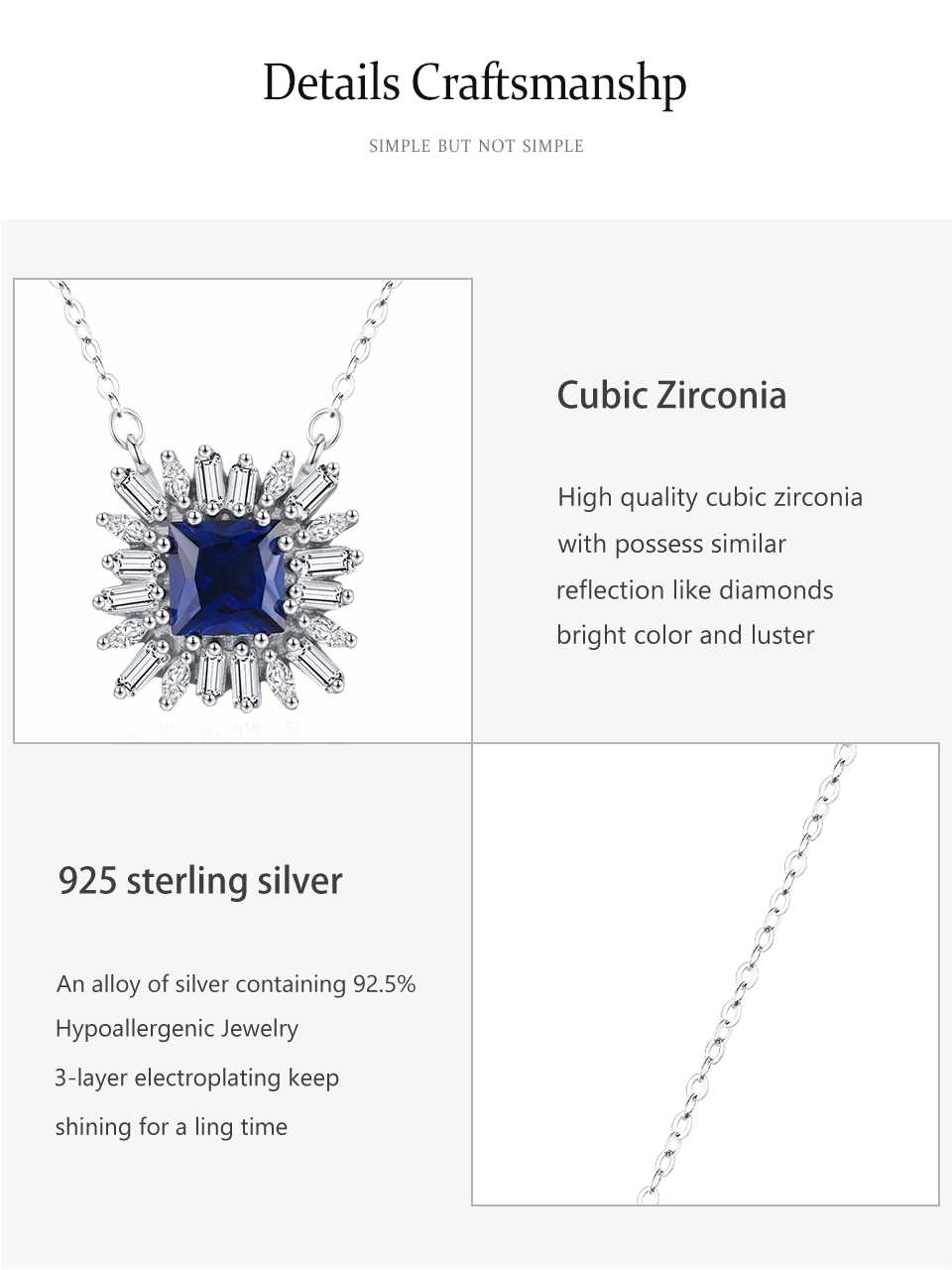Square Blue Zircon Pendant Necklace Sterling Silver