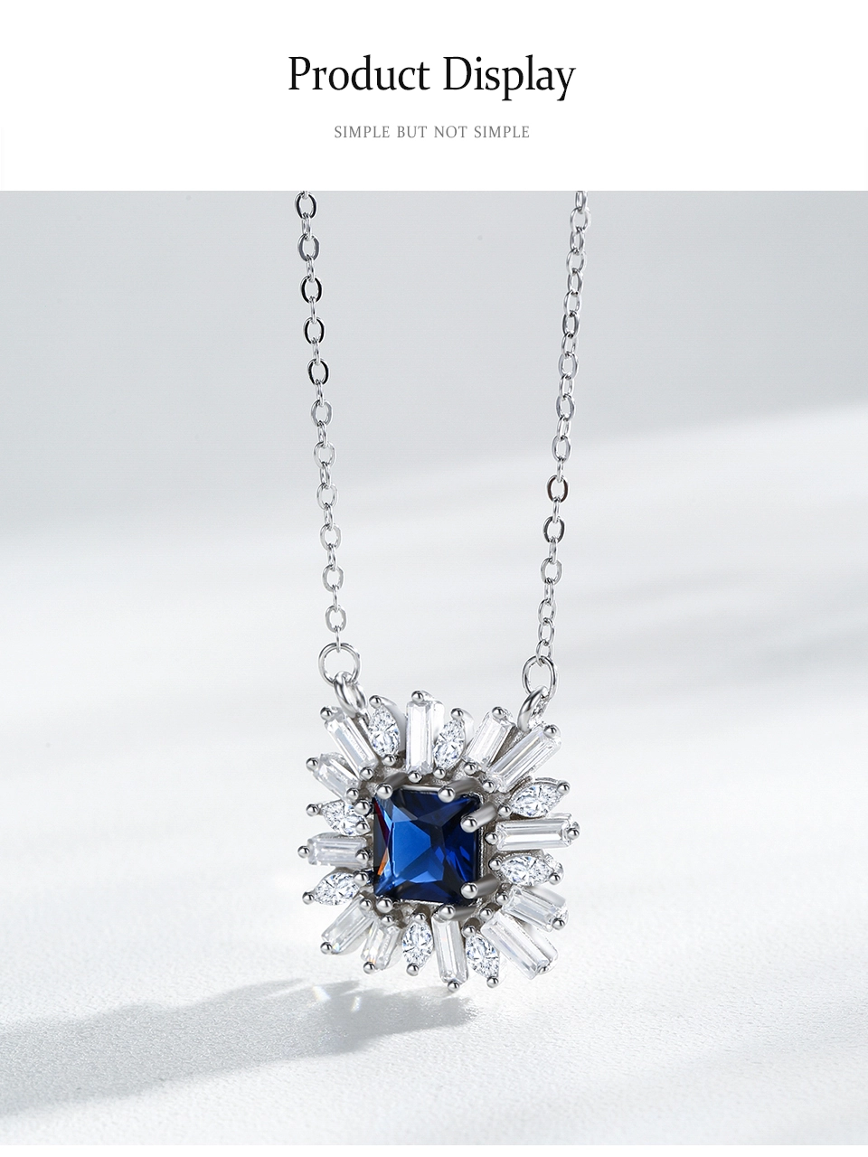 Square Blue Zircon Pendant Necklace Sterling Silver