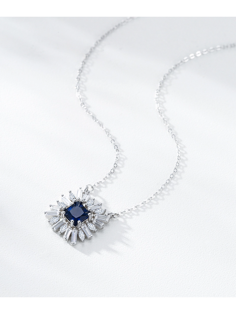Square Blue Zircon Pendant Necklace Sterling Silver