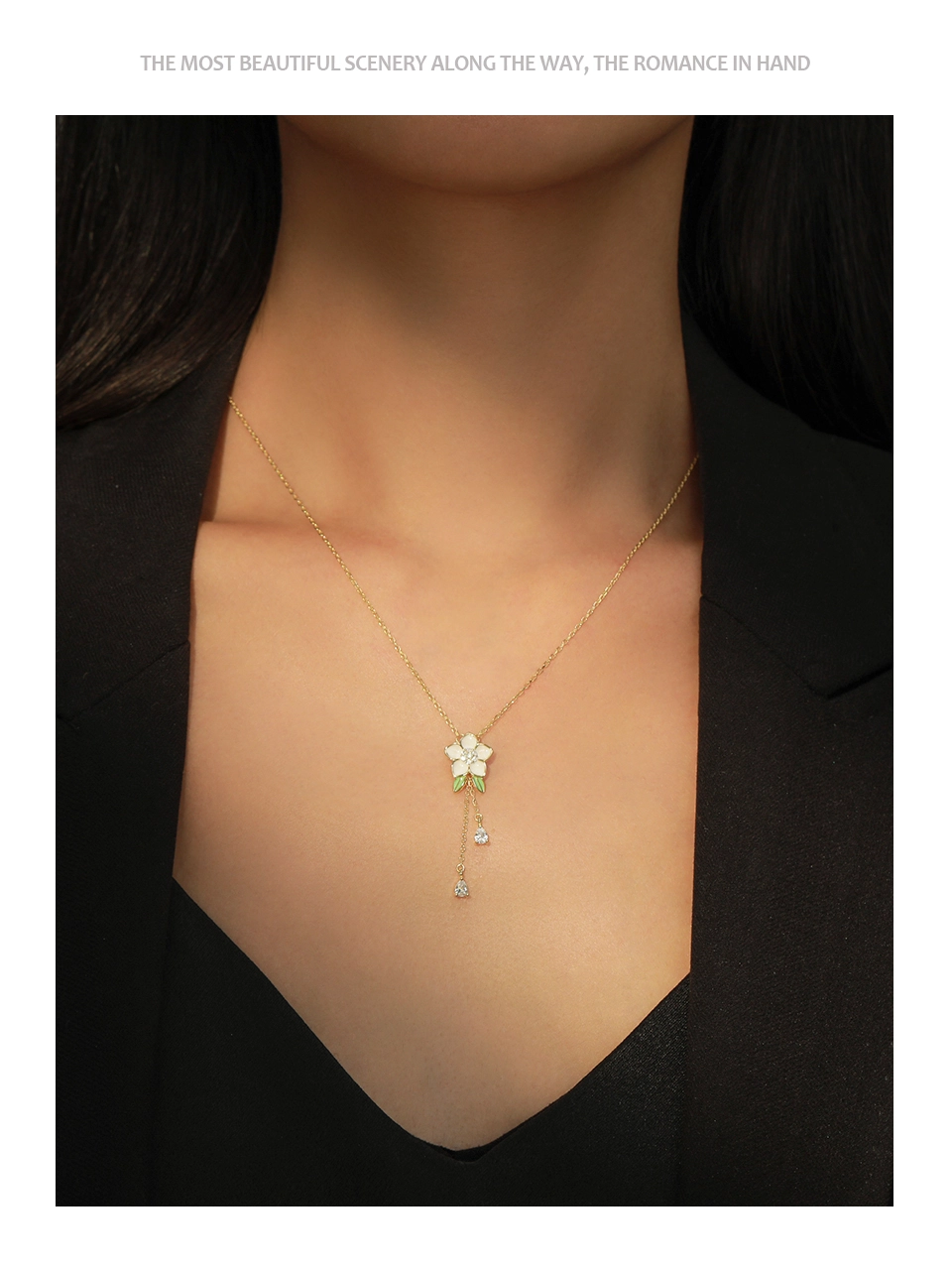 Enamel Necklace CZ Flower Pendant Necklace Sterling Silver