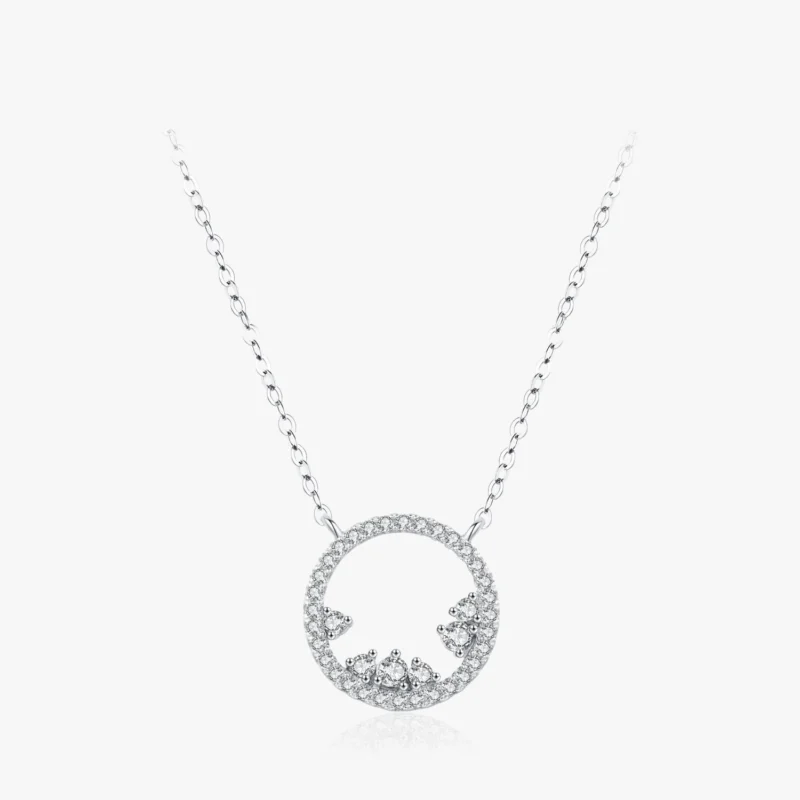 Geometric Round Clear Zircon Pendant Necklace Sterling Silver