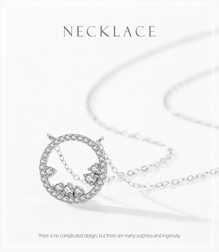 Geometric Round Clear Zircon Pendant Necklace Sterling Silver
