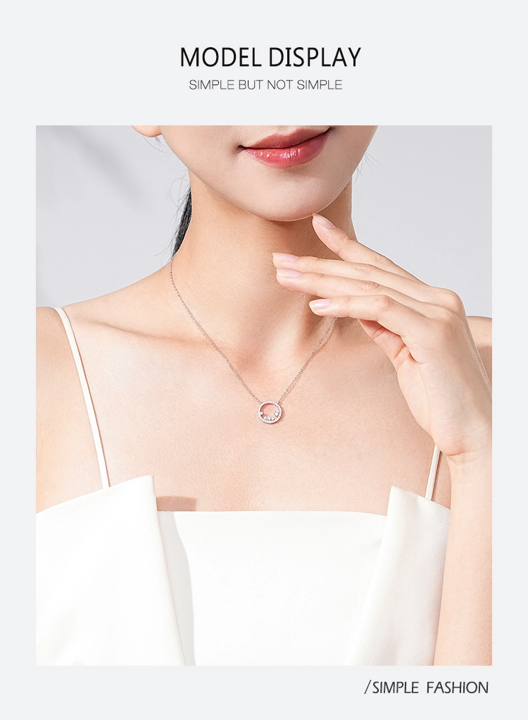 Geometric Round Clear Zircon Pendant Necklace Sterling Silver