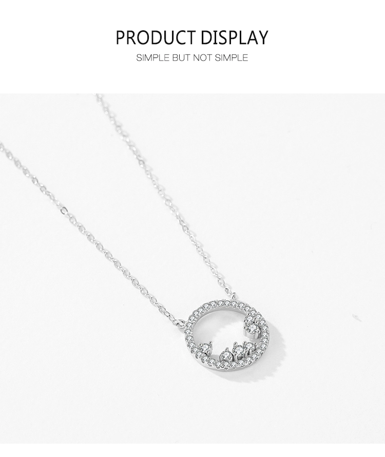 Geometric Round Clear Zircon Pendant Necklace Sterling Silver