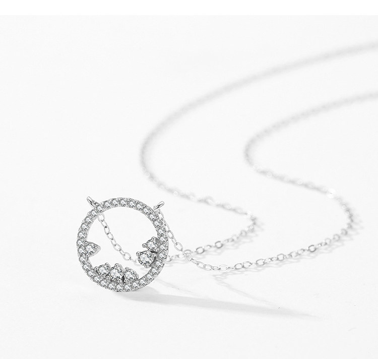 Geometric Round Clear Zircon Pendant Necklace Sterling Silver