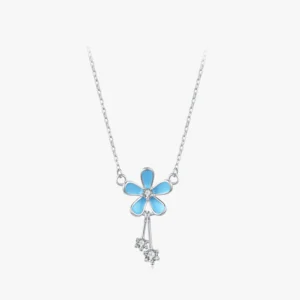 Blue Flower Shiny CZ Pendant Necklace Sterling Silver