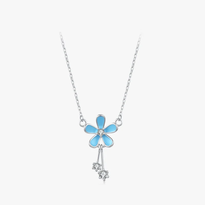 Blue Flower Shiny CZ Pendant Necklace Sterling Silver