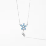 Blue Flower Shiny CZ Pendant Necklace Sterling Silver