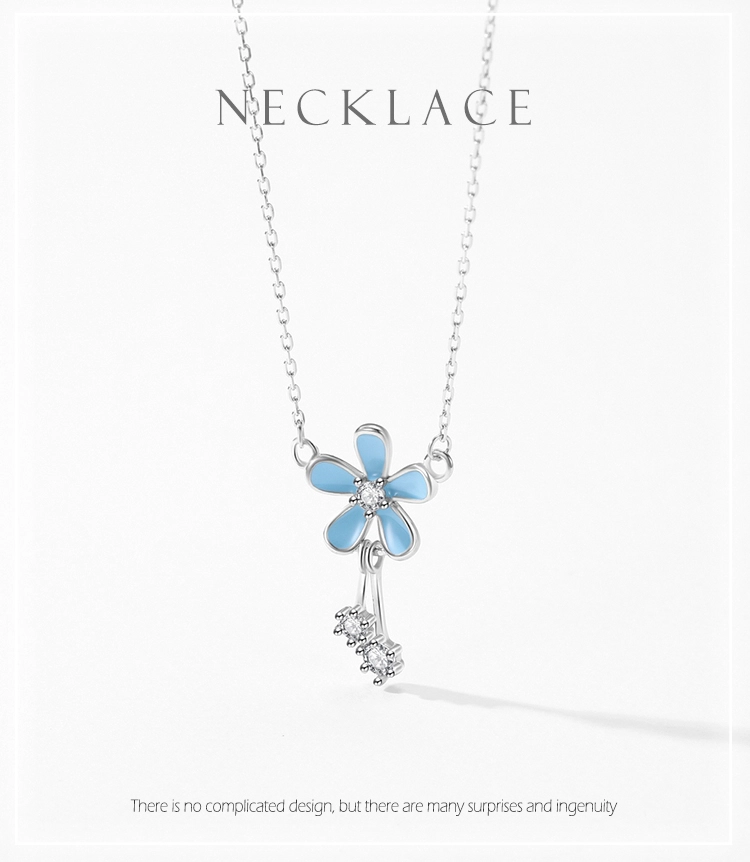 Blue Flower Shiny CZ Pendant Necklace Sterling Silver