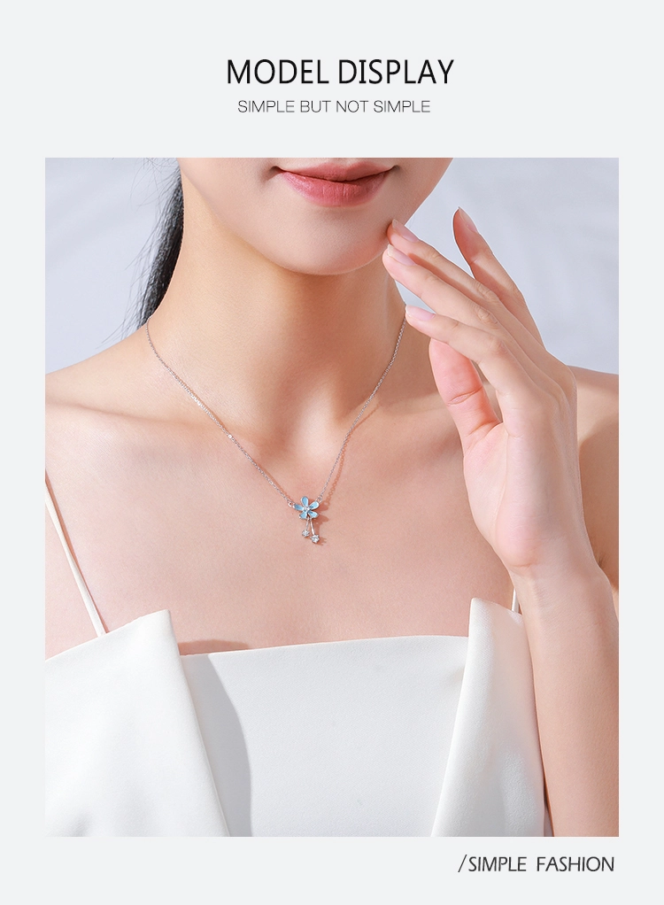 Blue Flower Shiny CZ Pendant Necklace Sterling Silver