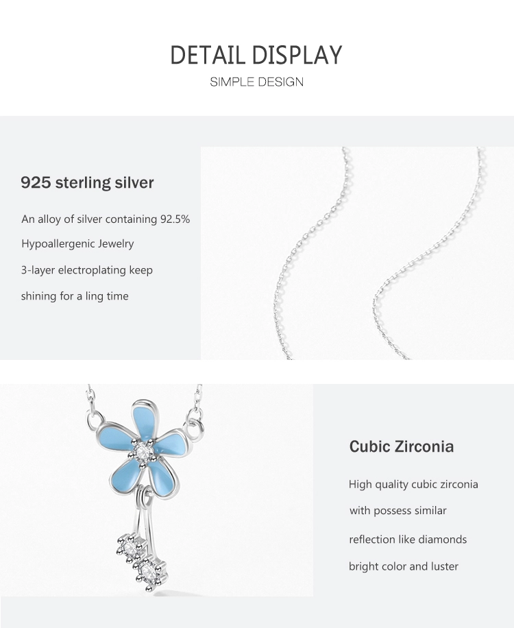 Blue Flower Shiny CZ Pendant Necklace Sterling Silver