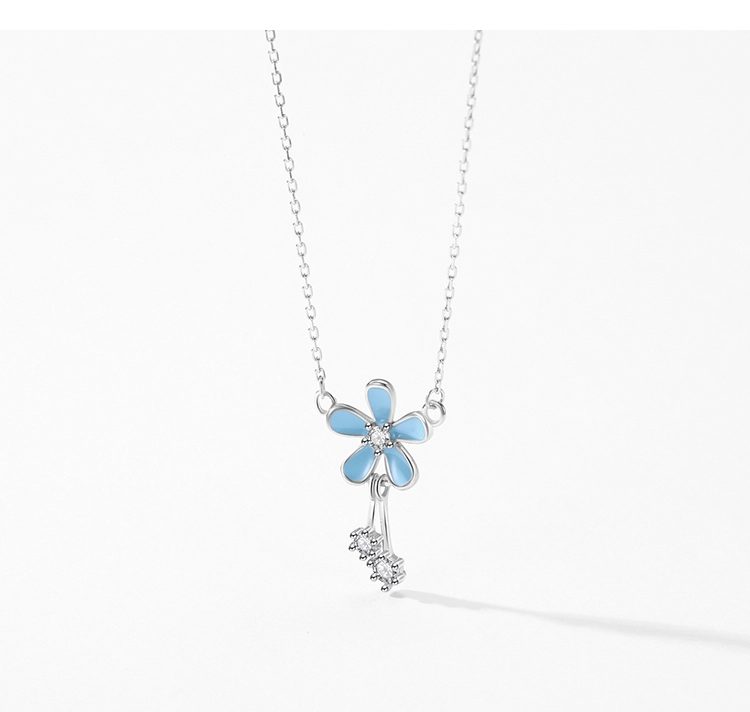 Blue Flower Shiny CZ Pendant Necklace Sterling Silver