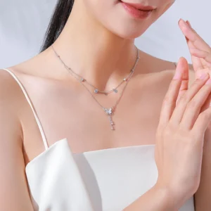 Butterfly Clean CZ Double Layer Necklace Sterling Silver