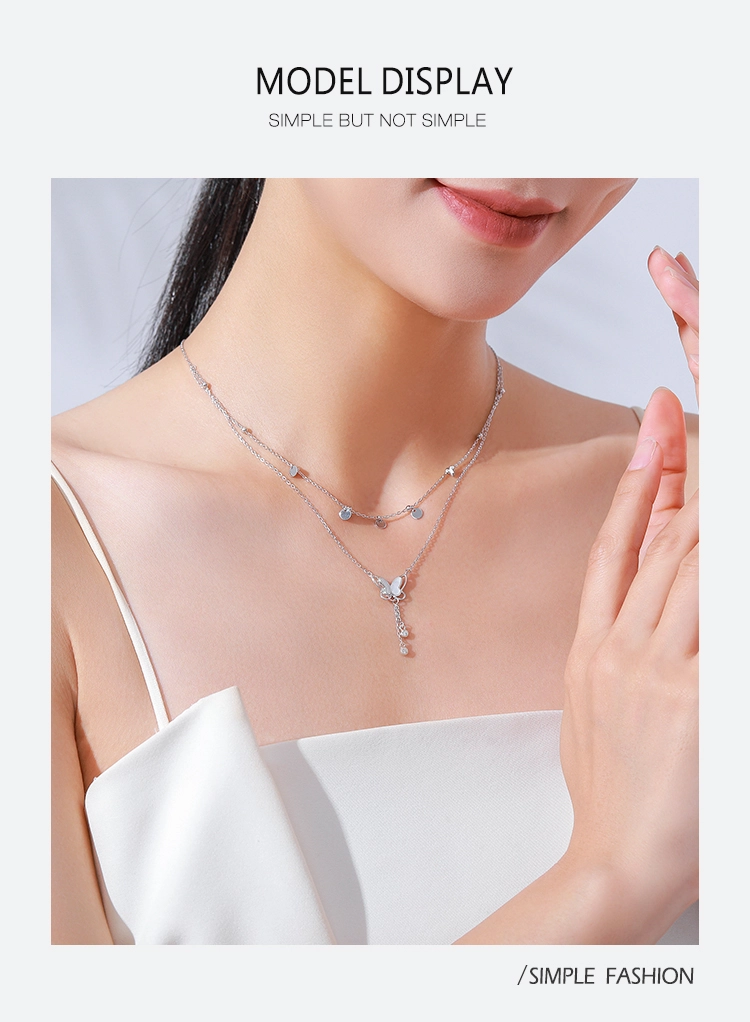 Butterfly Clean CZ Double Layer Necklace Sterling Silver