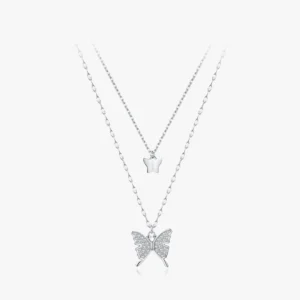 White CZ Butterfly Animal Double Layer Necklace Sterling Silver
