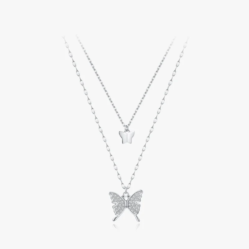 White CZ Butterfly Animal Double Layer Necklace Sterling Silver