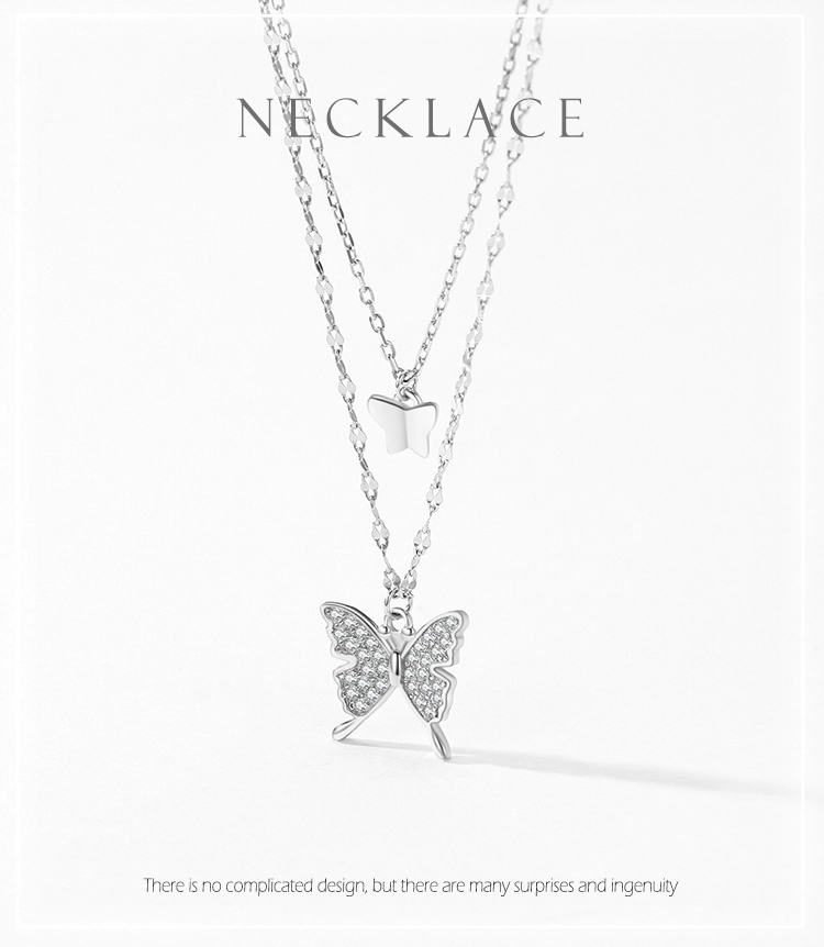 White CZ Butterfly Animal Double Layer Necklace Sterling Silver