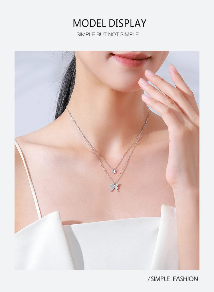 White CZ Butterfly Animal Double Layer Necklace Sterling Silver