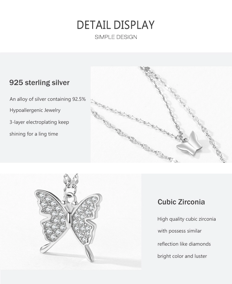White CZ Butterfly Animal Double Layer Necklace Sterling Silver