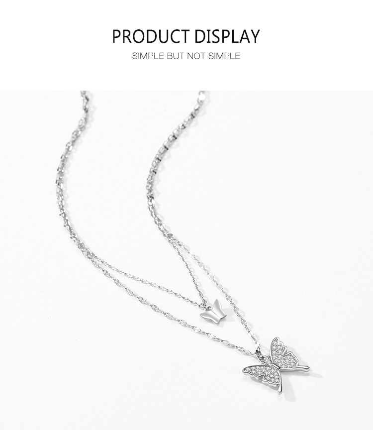 White CZ Butterfly Animal Double Layer Necklace Sterling Silver
