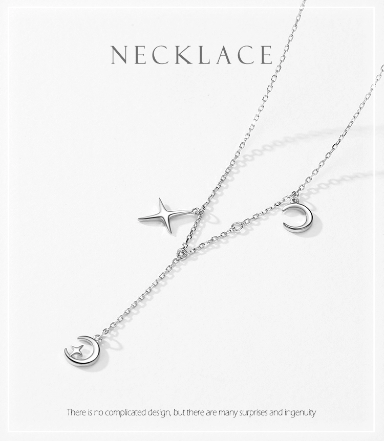 Charm Star and Moon Pendant Necklace Sterling Silver