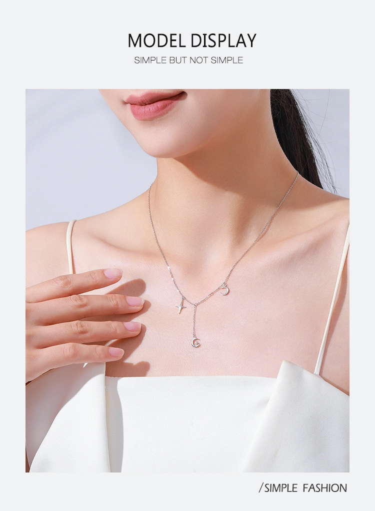 Charm Star and Moon Pendant Necklace Sterling Silver