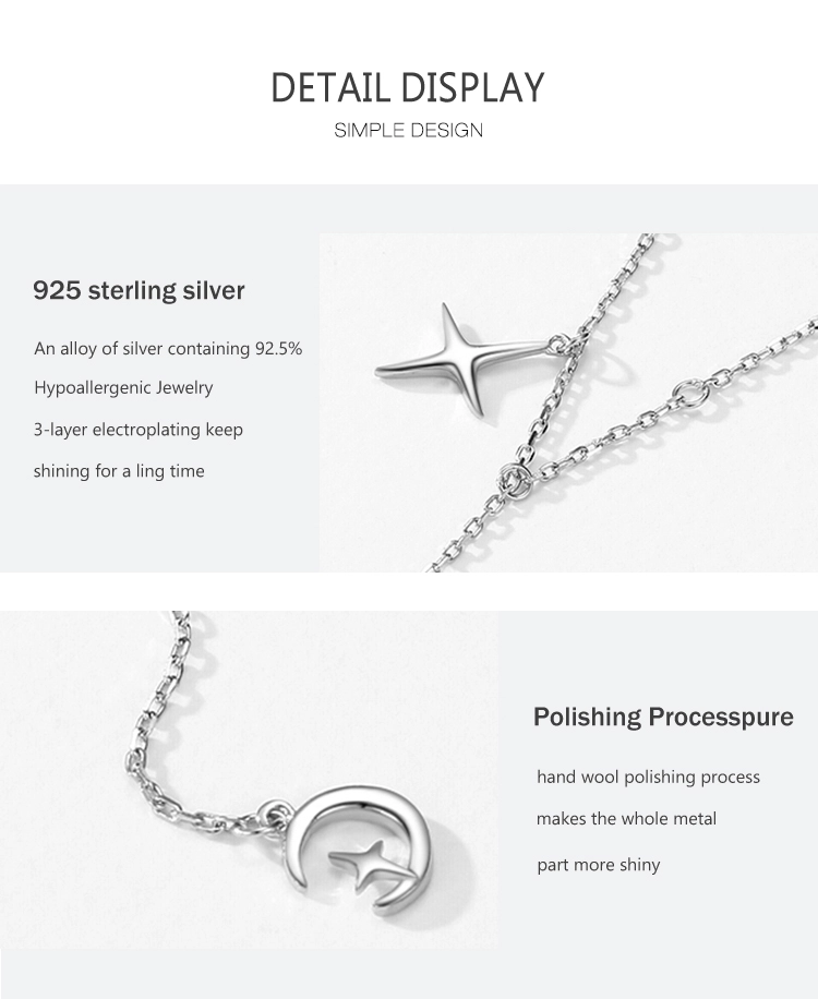 Charm Star and Moon Pendant Necklace Sterling Silver