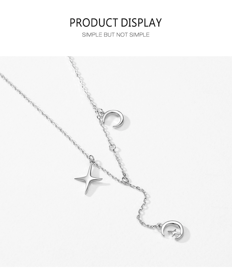 Charm Star and Moon Pendant Necklace Sterling Silver