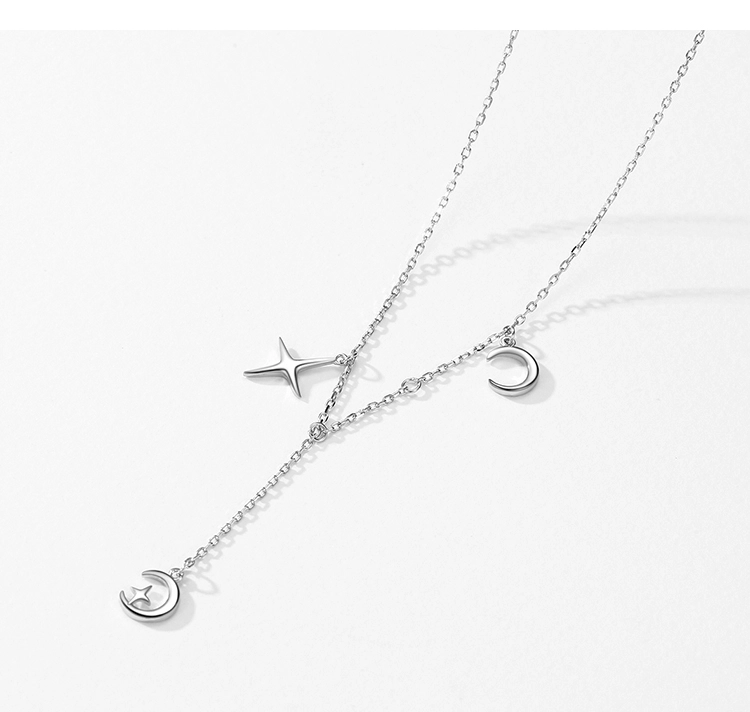 Charm Star and Moon Pendant Necklace Sterling Silver